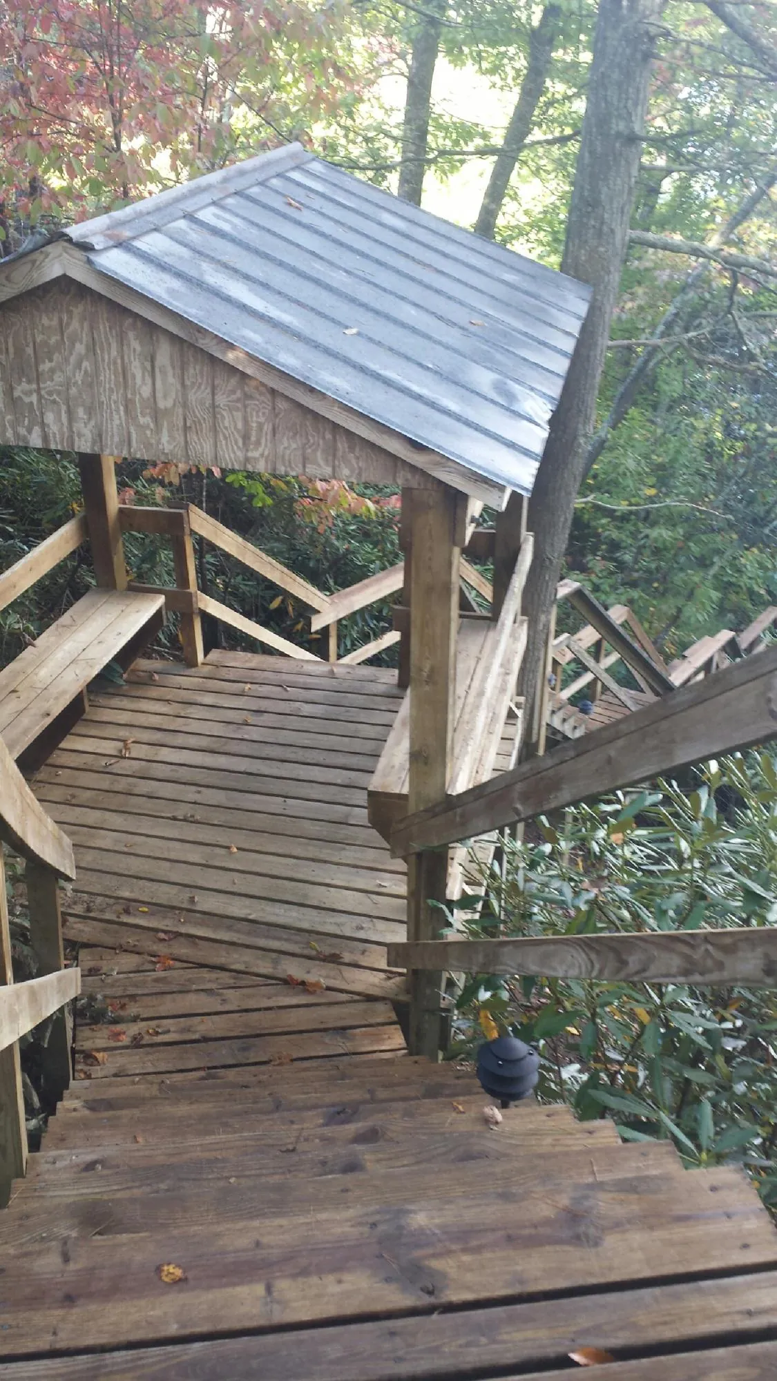 Metal roofed shelter over wooden steps on a wooded walkway — Skylight Repair & Installation work by our crew in Ama